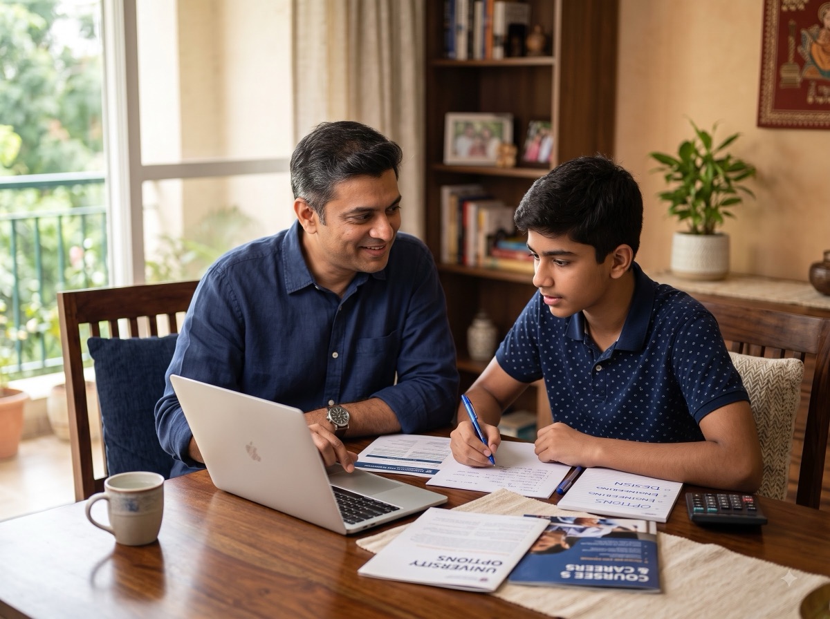 A parent and child talking at home