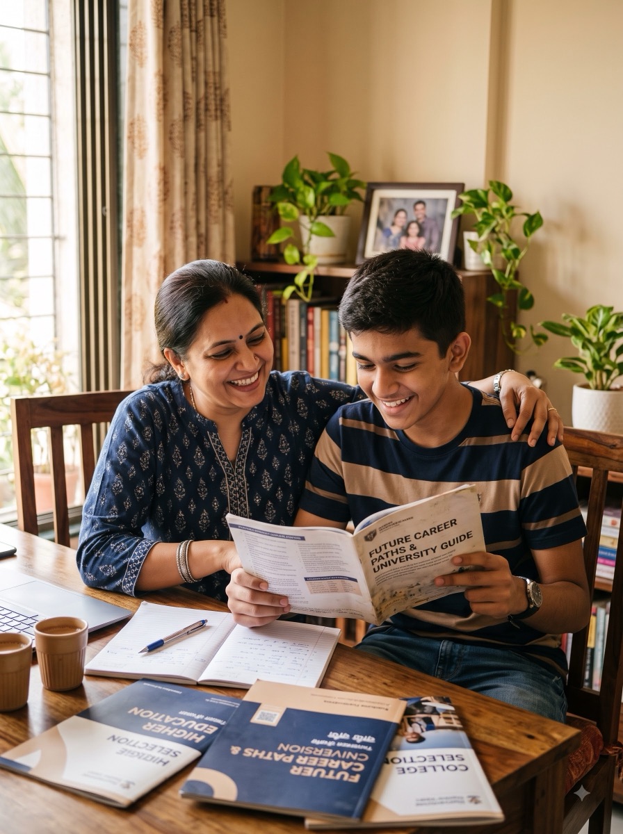 A parent and student reviewing career options together